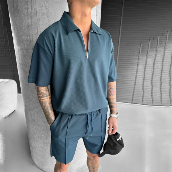 Summer Fashion Mens Clothing  Men's Suits New Zipper Polo Casual Short Sleeve Drawstring Shorts Men's Set - Image 4