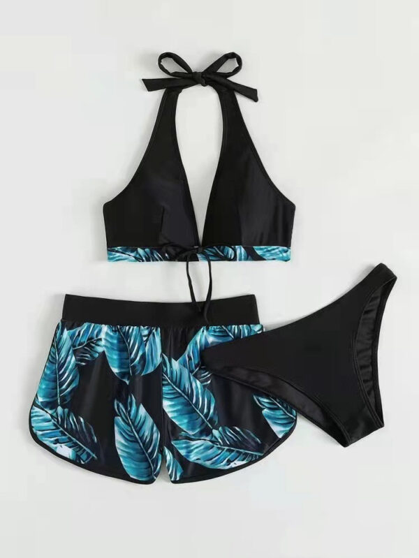 3pcs Leaf Print Bikini With Shorts Fashion Summer Beach Swimsuit Womens Clothing - Image 10