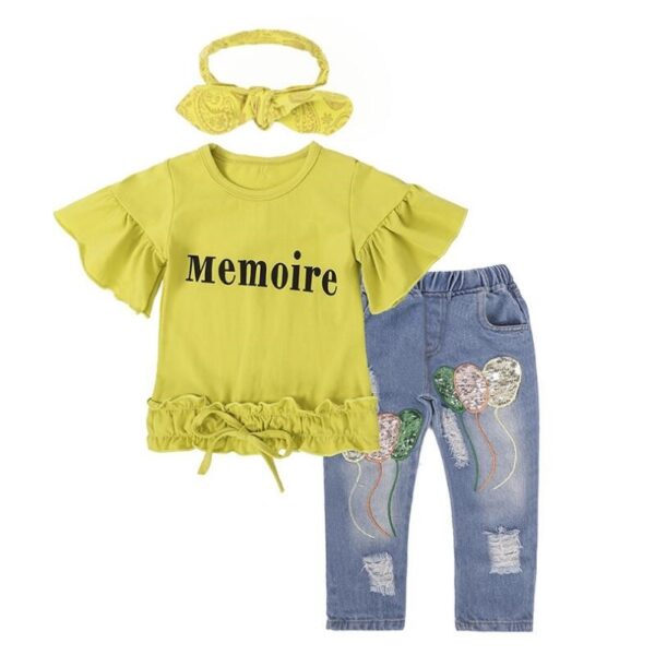 Girls Clothing Cotton Yellow Letter T-Shirt Jeans Suit - Image 5