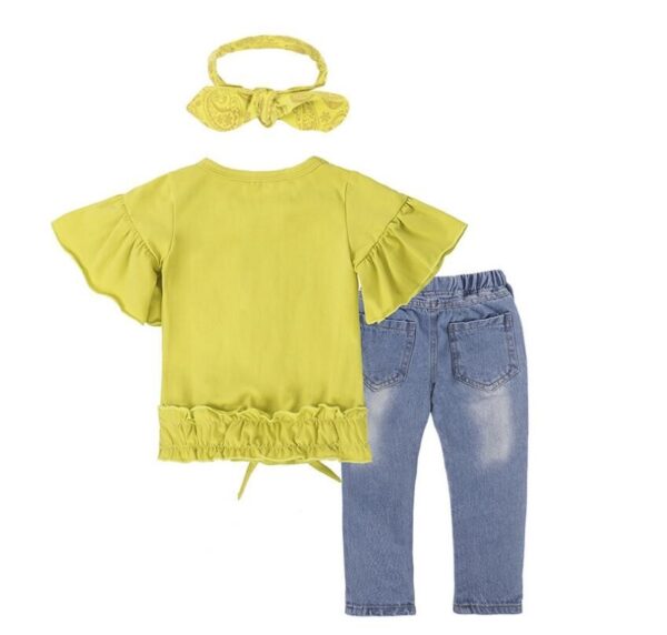 Girls Clothing Cotton Yellow Letter T-Shirt Jeans Suit - Image 2