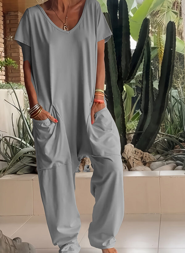 European And American Solid Color And V-neck Oversized Pocket Low-grade Jumpsuit - Image 2