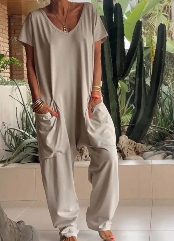 European And American Solid Color And V-neck Oversized Pocket Low-grade Jumpsuit - Image 7