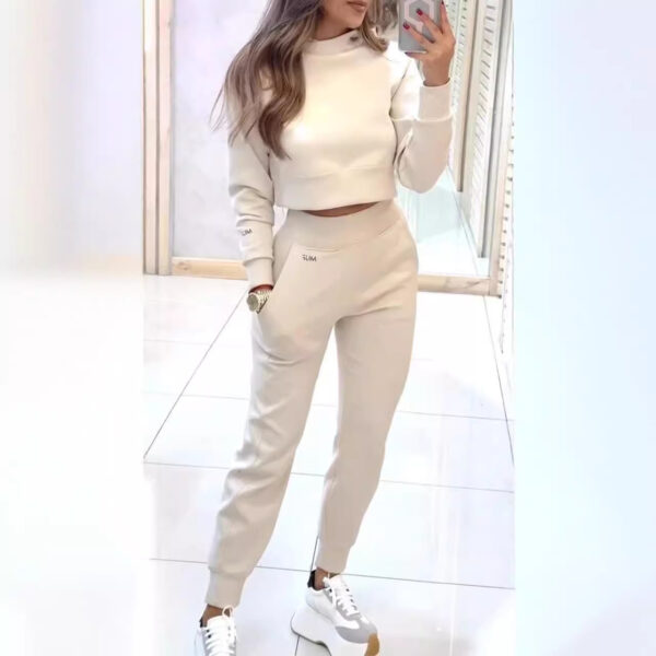 Stand Collar Sports Suit Fashion Pullover Long-sleeves Short Top And Slim Trousers With Pockets Solid Outfits Women's Clothing - Image 2