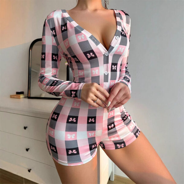 European And American Sexy Jumpsuit Deep V-neck Bow Plaid Printed Long Sleeve One-piece Pajamas - Image 3