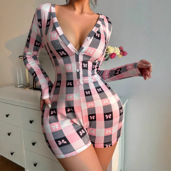 European And American Sexy Jumpsuit Deep V-neck Bow Plaid Printed Long Sleeve One-piece Pajamas - Image 5