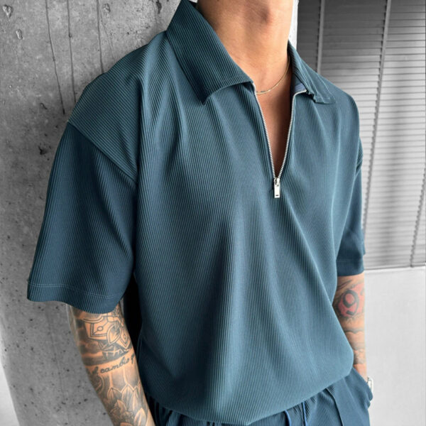 Summer Fashion Mens Clothing  Men's Suits New Zipper Polo Casual Short Sleeve Drawstring Shorts Men's Set - Image 2