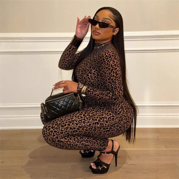 All-match Sexy Hot Girl Leopard Print Long Sleeve Jumpsuit - Image 2