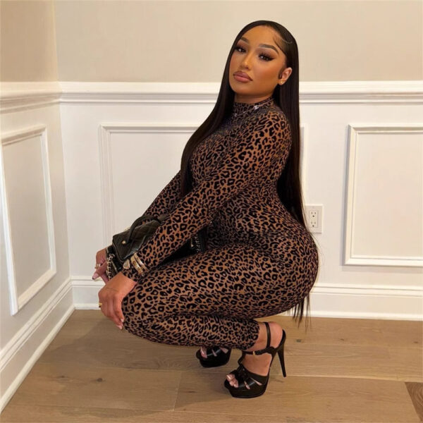 All-match Sexy Hot Girl Leopard Print Long Sleeve Jumpsuit - Image 5